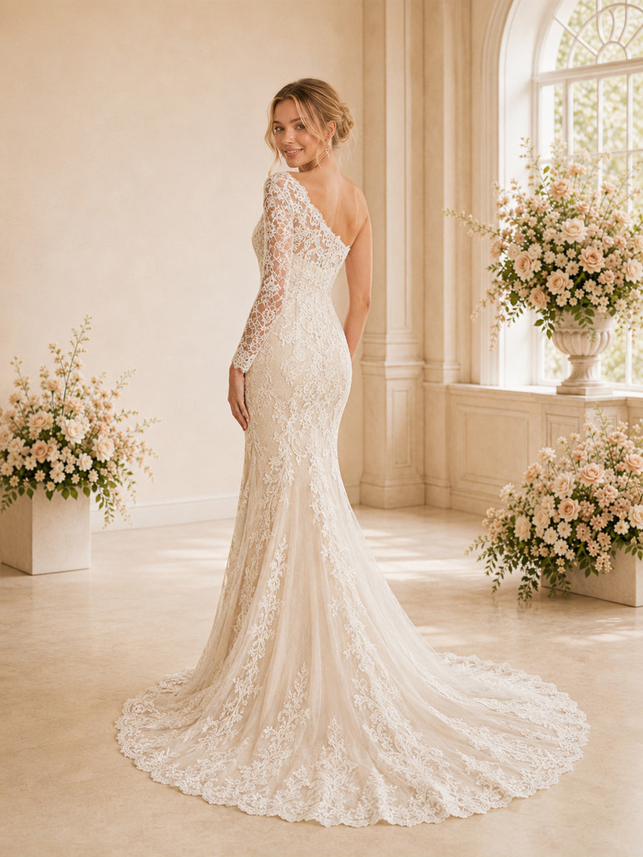 ChicSew Romantic Long Sleeve Mermaid Lace Wedding Dress With Asymmetric Neck And Long Train