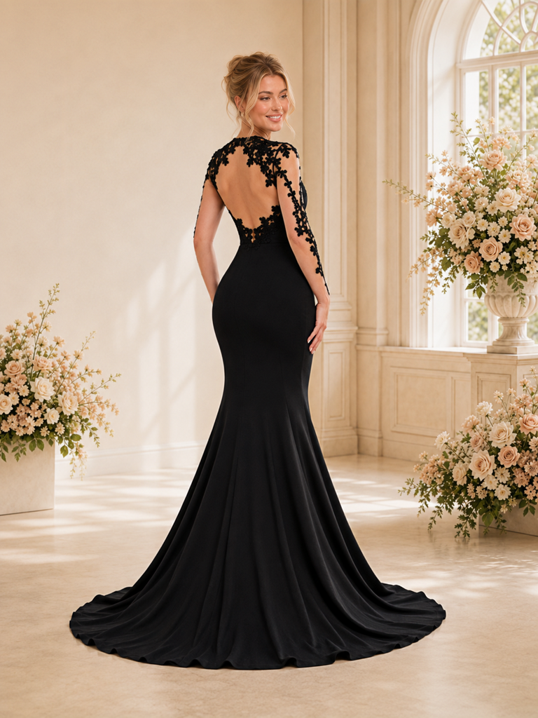 ChicSew Black Mermaid V-Neck Long Sleeves Crepe Lace Wedding Dresses