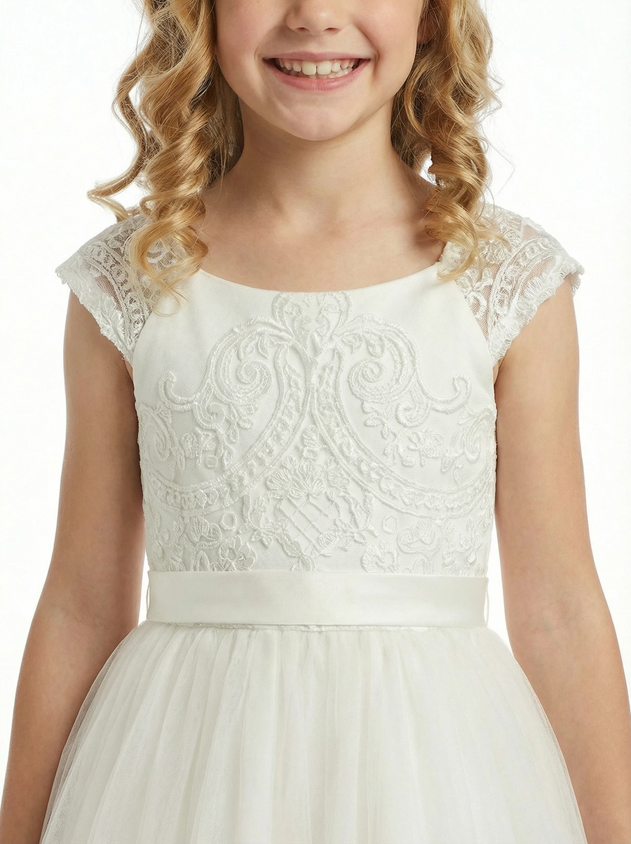 Cap Sleeve Flower Girl Dress Embroidered Bodice Tulle A-Line Knee Length Party Gown