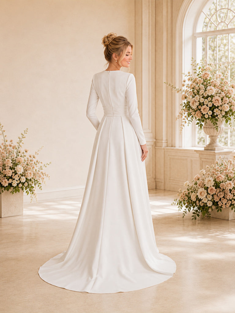 ChicSew Elegant V-Neck Ruching Long Sleeves Crepe Sheath Long Wedding Dresses