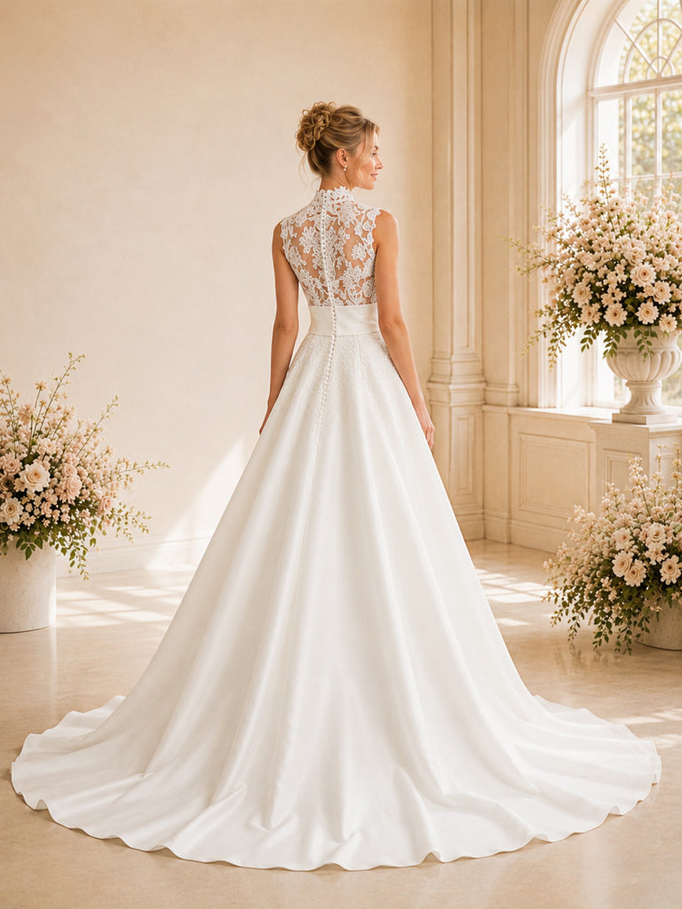 ChicSew Elegant High Neck Sleeveless Lace Satin A-Line Long Wedding Dress