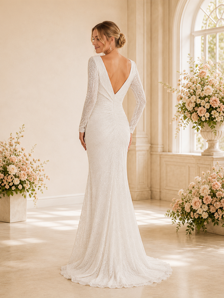 ChicSew Glam V-Neck Long Sleeves Mermaid Side Slit Glitter Tulle Wedding Dresses