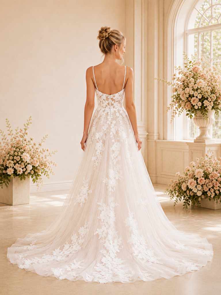 ChicSew Beautiful A-line Spaghetti Straps V-Neck Long Lace Appliques Wedding Dresses Online