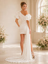 ChicSew Asymmetrical One Shoulder Satin With Ruffle Puff Sleeves Ruched Mini Wedding Dress