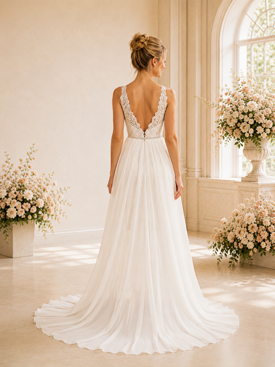 ChicSew Unique Lace Open Back Sheath Mini Wedding Dresses With Tulle Overskirt