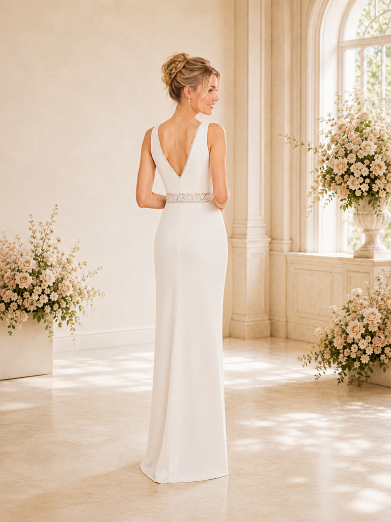 ChicSew Unique Deep V-Neck Spaghetti Straps Sleeveless Crepe Sheath Wedding Dresses