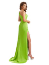 Sexy Silky Satin One Shoulder Mermaid Side Slit Unique Long Bridesmaid Dresses Online