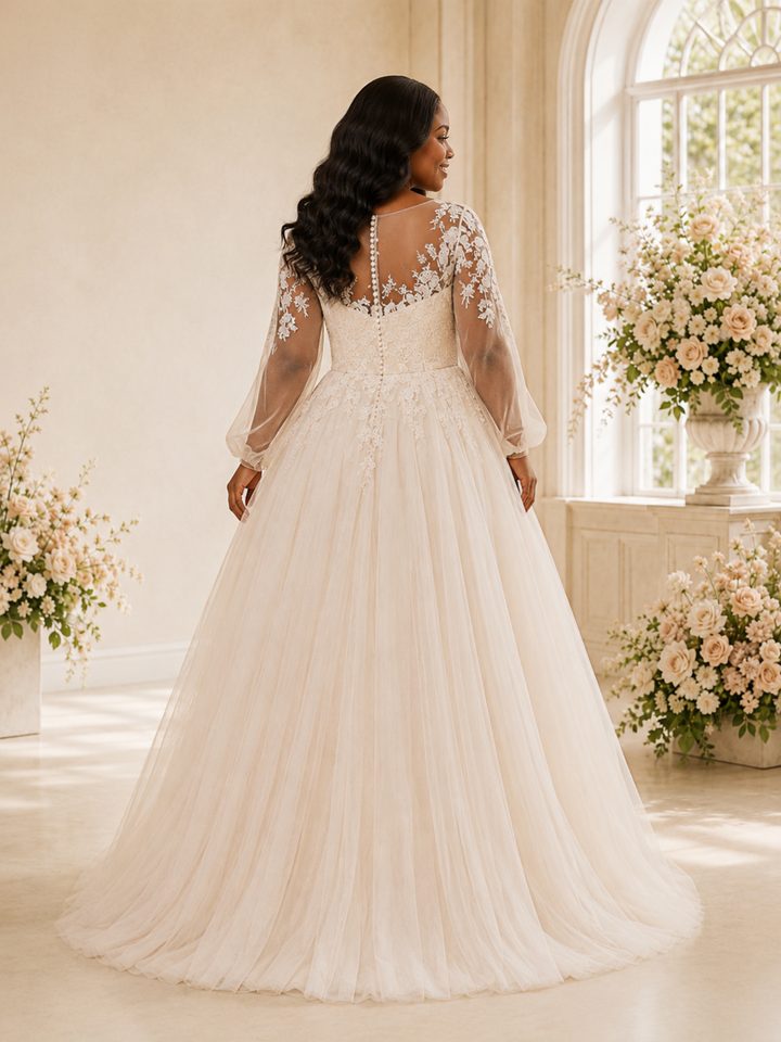 ChicSew Elegant A-Line Illusion Long Sleeves Tulle Maxi Wedding Dress With Lace Applique