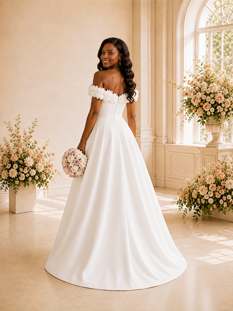 ChicSew Fancy Off The Shoulder A-Line Satin Maxi Wedding Dress With 3D Flowers
