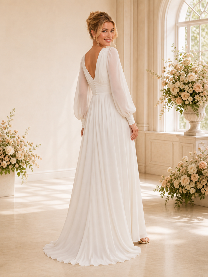 ChicSew Elegant V-Neck Long Sleeves A-Line Slit Chiffon Floor-Length Wedding Dresses