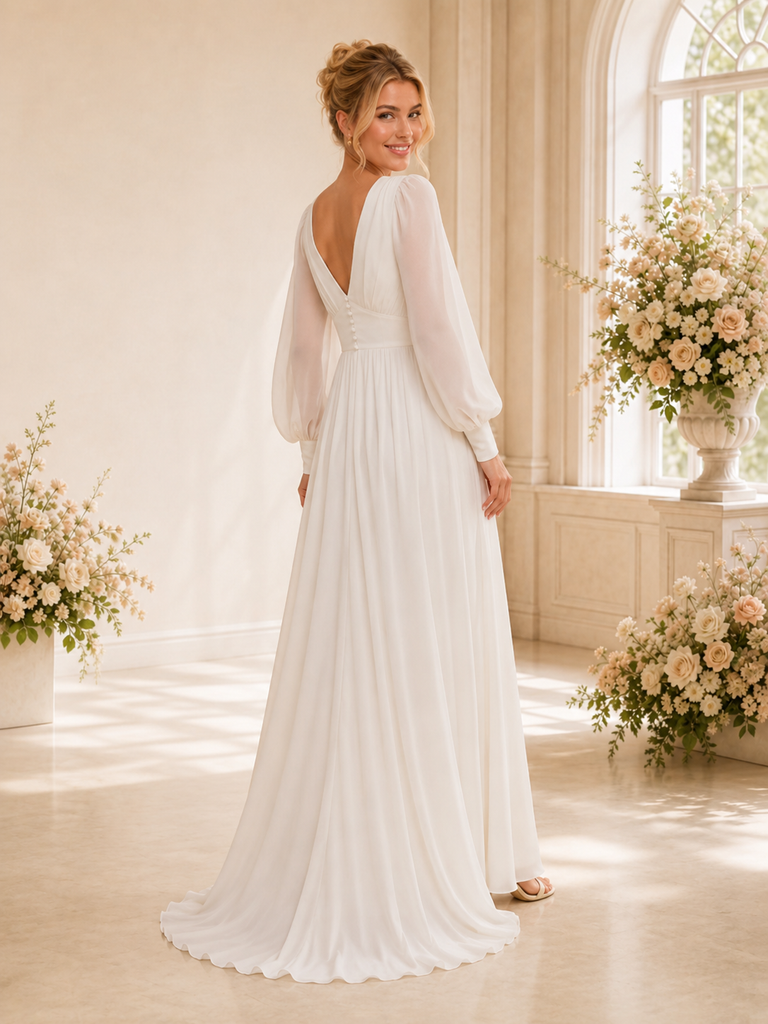 ChicSew Elegant V-Neck Long Sleeves A-Line Slit Chiffon Floor-Length Wedding Dresses