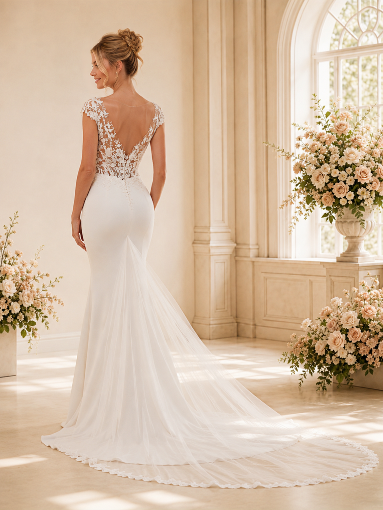 ChicSew Fancy V-Neck Cap Sleeves Crepe Mermaid Long Wedding Dresses With Lace Appliques