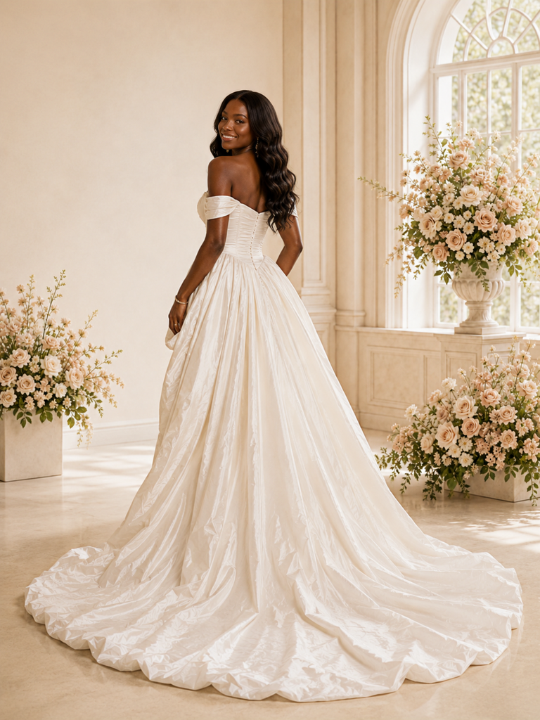 ChicSew Modern Off The Shoulder A-Line Ruched Satin High-Low Wedding Dress