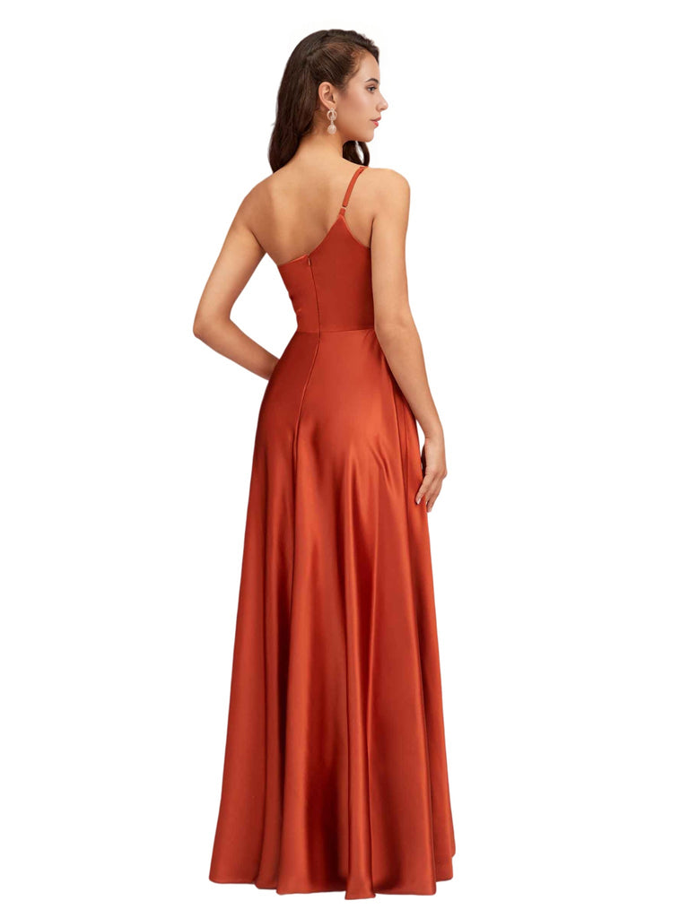 Unique Asymmetric One Shoulder Soft Satin A-Line Long Bridesmaid Dresses Online