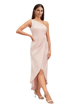 Elegant One Shoulder Slit High Low Soft Satin Midi Bridesmaid Dresses Online