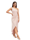 Elegant One Shoulder Slit High Low Soft Satin Midi Bridesmaid Dresses Online