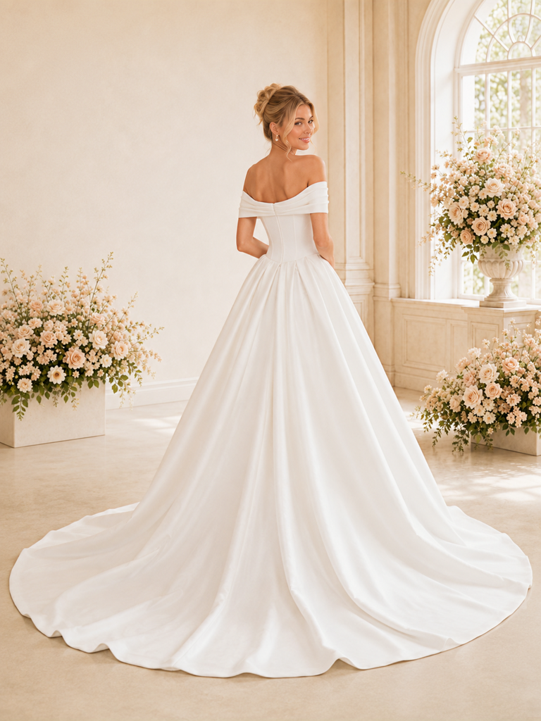 ChicSew Fancy Satin A-Line Off The Shoulder Boning Floor-Length Wedding Dresses