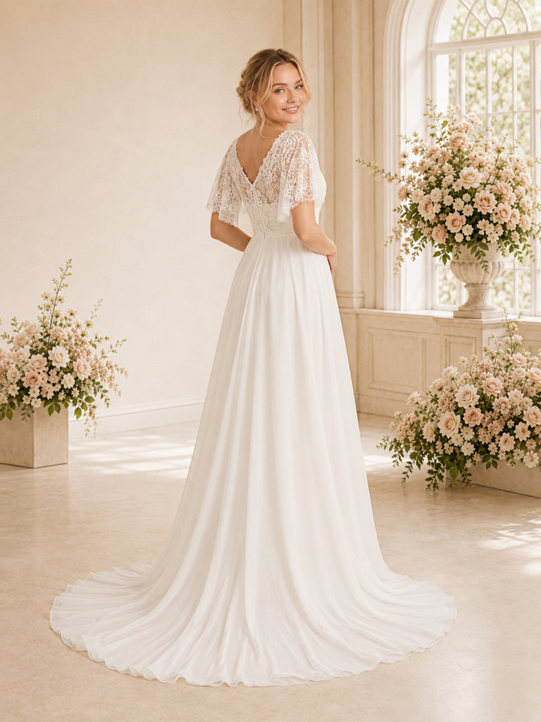 ChicSew Elegant A-Line Lace Chiffon Short Sleeves V-Neck Wedding dresses Online