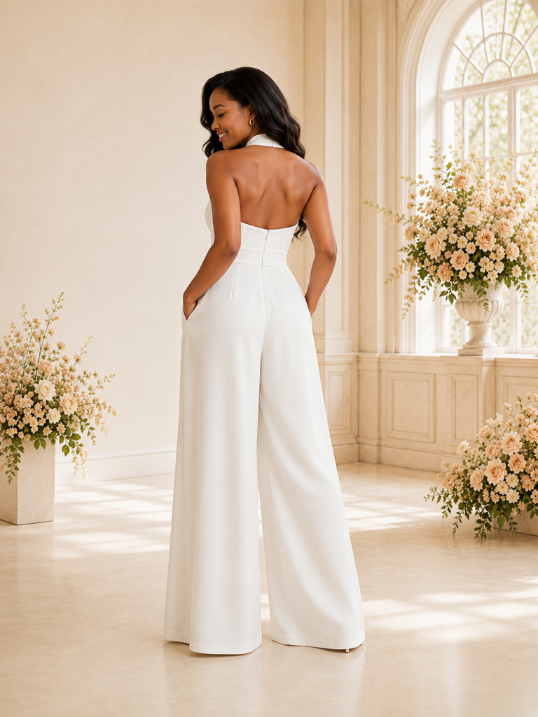 ChicSew Modern Simple Halter Straps Chiffon Floor-Length Wedding Jumpsuit