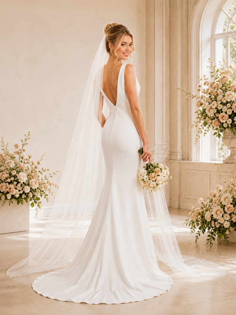 ChicSew Elegant Sleeveless V-Neck Crepe Mermaid Maxi Long Wedding Dresses
