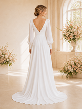 ChicSew Elegant V-Neck Ruching Long Sleeves Chiffon A-Line Maxi Wedding Dress