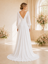 ChicSew Elegant V-Neck Ruching Long Sleeves Chiffon A-Line Maxi Wedding Dress