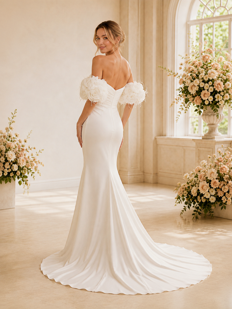 ChicSew Classy Mermaid Sweetheart Off The Shoulder Satin Ruched Long Wedding Dress With 3D Floral Applique