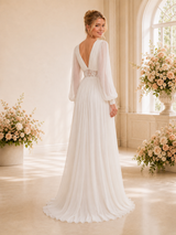 ChicSew Elegant V-Neck Long Sleeves A-Line Open Back Long Wedding Dresses With Lace Appliques