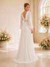 ChicSew Elegant V-Neck Long Sleeves A-Line Open Back Long Wedding Dresses With Lace Appliques