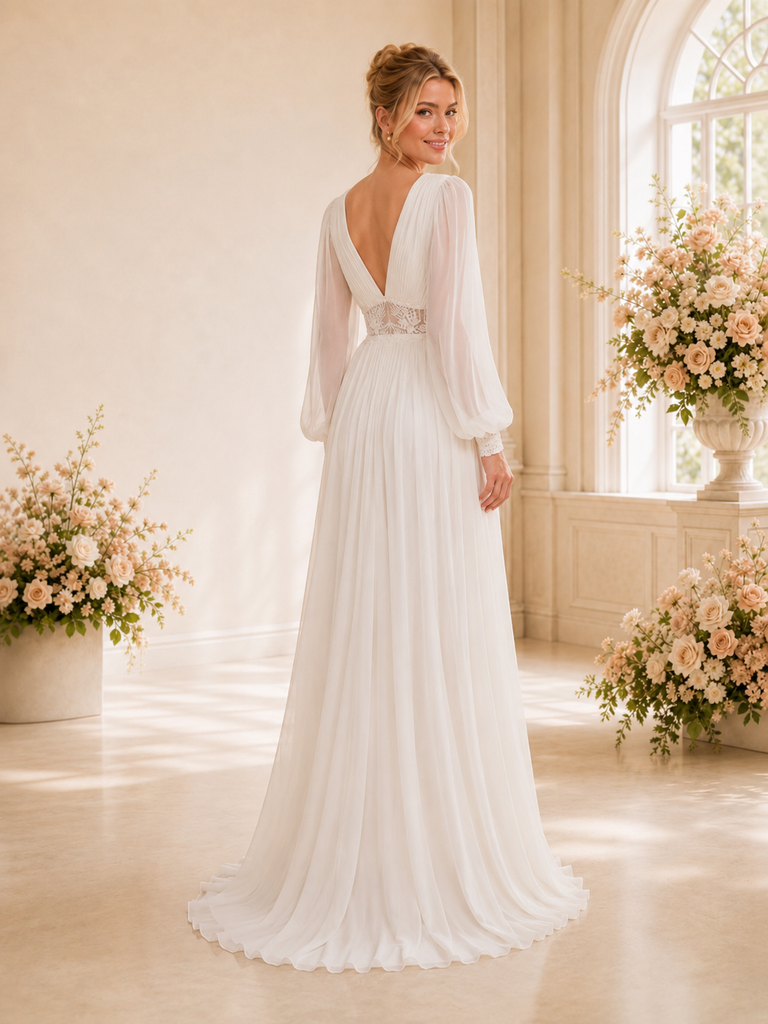 ChicSew Elegant V-Neck Long Sleeves A-Line Open Back Long Wedding Dresses With Lace Appliques