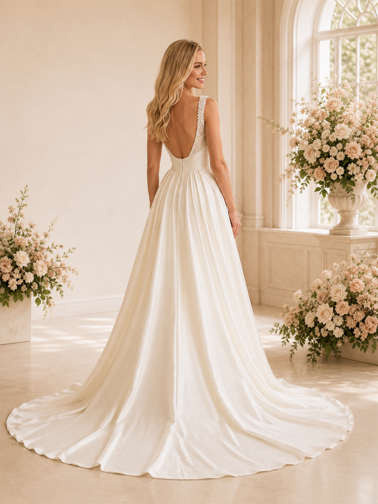 ChicSew Classic V-Neck Ruching Satin Mermaid Beaded Floor-Length Wedding Dresses With Overskirt