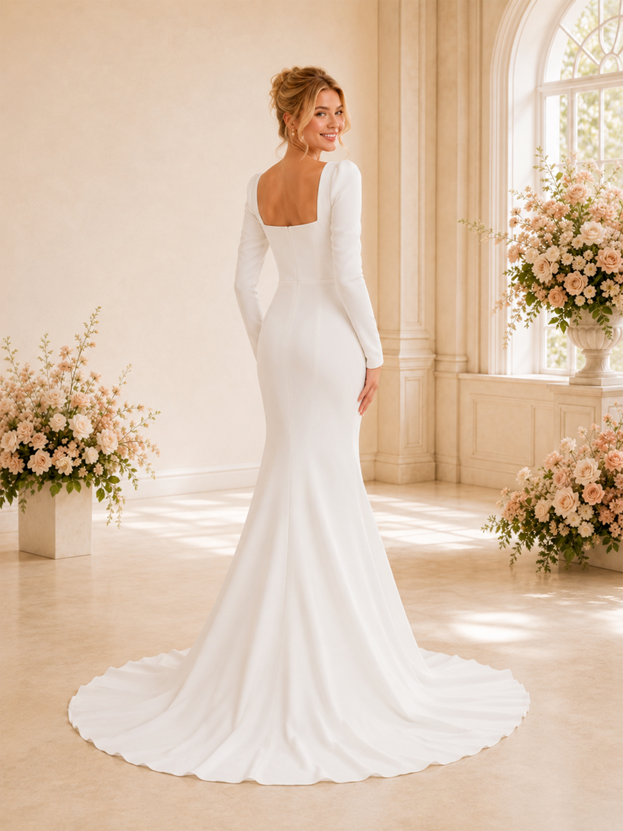 ChicSew Elegant Long Sleeves Mermaid Crepe Square Neckline Long Wedding Dresses