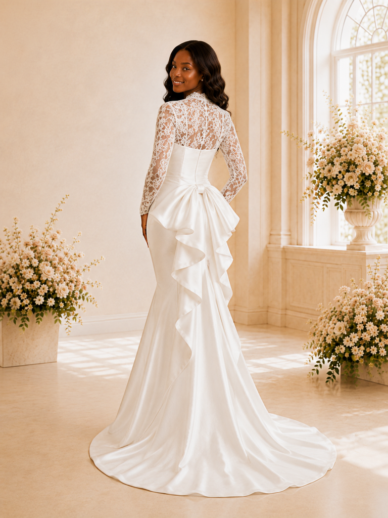 ChicSew Elegant Long Lace Sleeves Bow Knot Satin Mermaid Maxi Wedding Dress