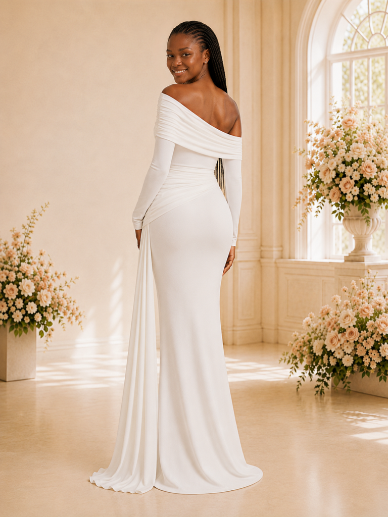 ChicSew Elegant Unique Asymmetrical Neck Crepe Long Sleeves Mermaid Floor-Length Wedding Dress