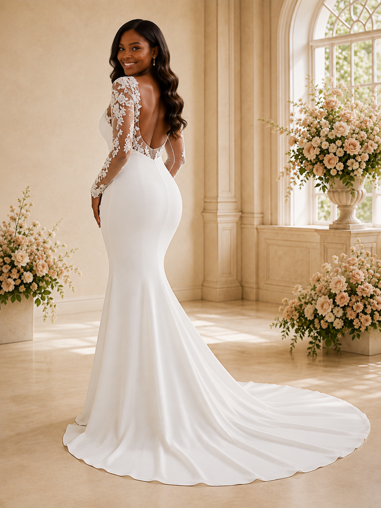 ChicSew Modern Mermaid Square Neck Long Sleeves Lace Crepe Maxi Wedding Dress