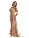 Gorgeous One Shoulder Mermaid Side Slit Silky Satin Long Bridesmaid Dress For Wedding