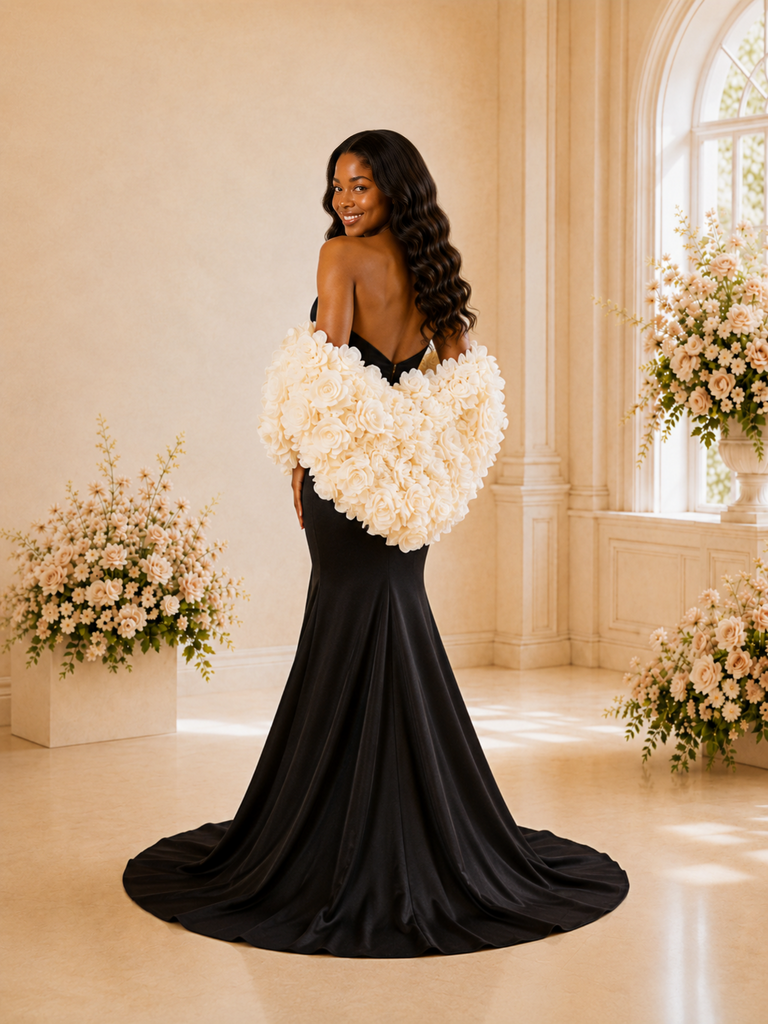 ChicSew Fancy Uinque Strapless Satin Mermaid Wedding Dress With 3D Floral Shawl