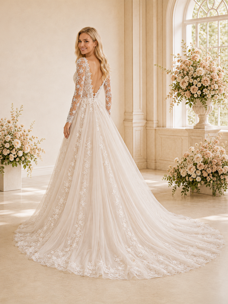 ChicSew Elegant Pretty Deep V-Neck Long Sleeves A-Line Lace Applique Tulle Floor-Length Wedding Dress