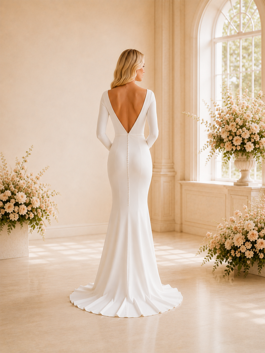 ChicSew Unique Deep V-Neck Long Sleeves Mermaid Crepe Wedding Dresses With Button