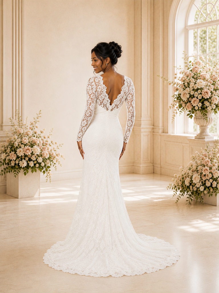 ChicSew Romantic V-Neck Strapless Long Sleeves Mermaid Lace Maxi Wedding Dress