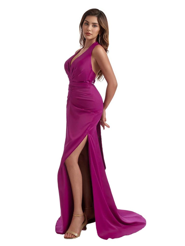 Sexy Halter Mermaid Ruched Satin Modern Long Bridesmaid Dresses V-neck Side Split