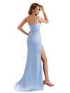 Elegant Silky Satin Spaghetti Straps Mermaid V-Neck Side Slit Ruched Long Bridesmaid Dresses
