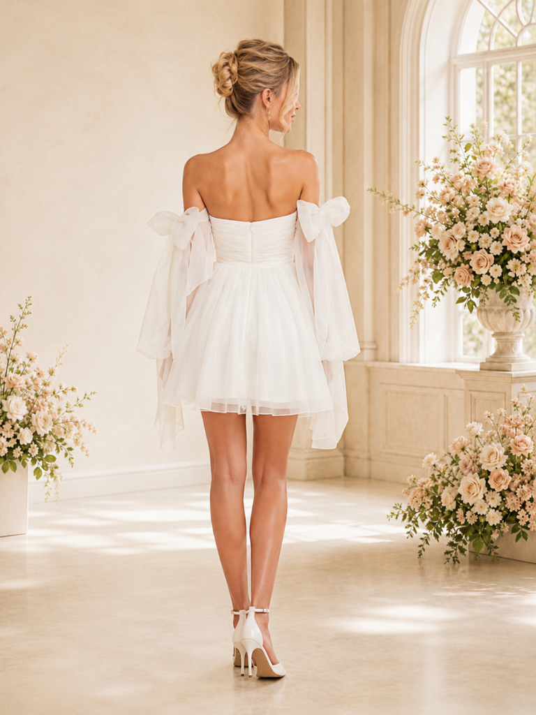 Chicsew Classy A Line Off The Shoulder Long Sleevels Bow Knot Mini Wedding Dress