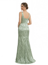 Elegant Jacquard Satin Spaghetti Straps Side Slit Mermaid Long Formal Evening Dresses