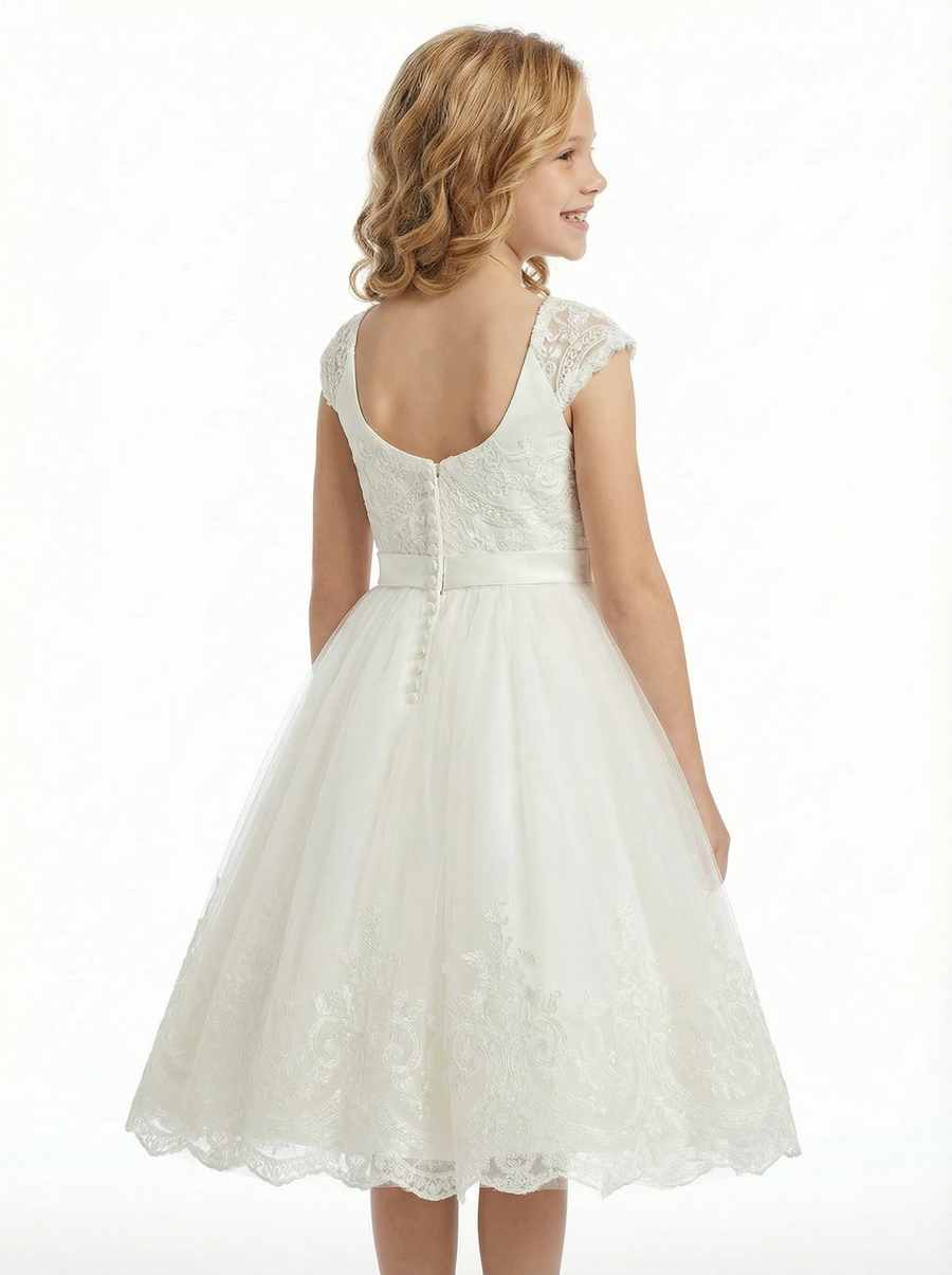 Cap Sleeve Flower Girl Dress Embroidered Bodice Tulle A-Line Knee Length Party Gown