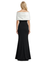 Elegant Black And White Satin Off Shoulder V-Neck Mermaid Long Mother Of The Bride Dresses