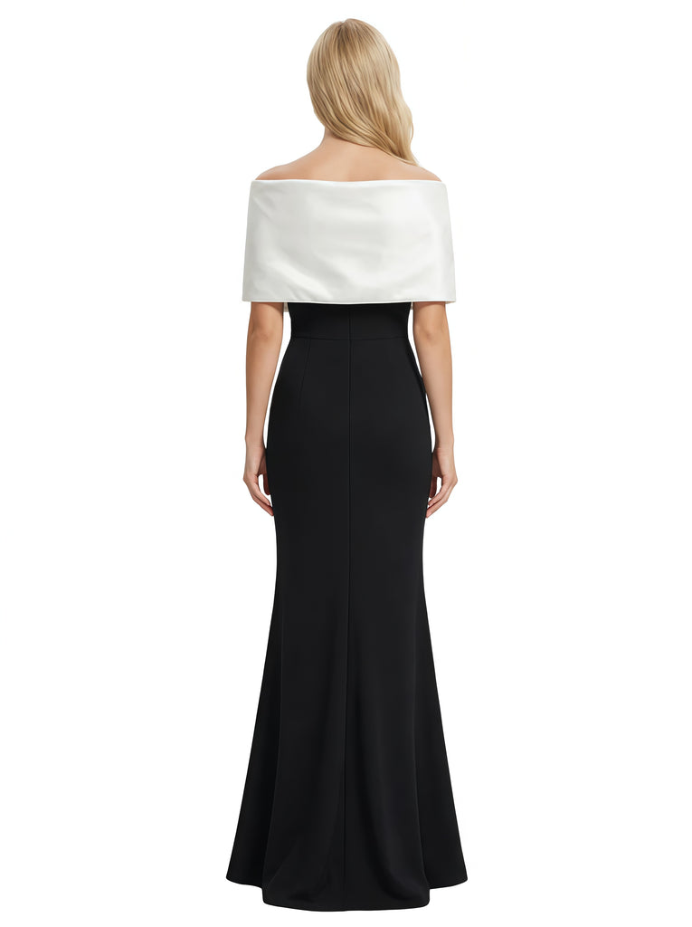 ChicSew Elegant Black And White Satin Off Shoulder V-Neck Mermaid Long Mother Of The Bride Dresses, Custom Color(leaving a note)