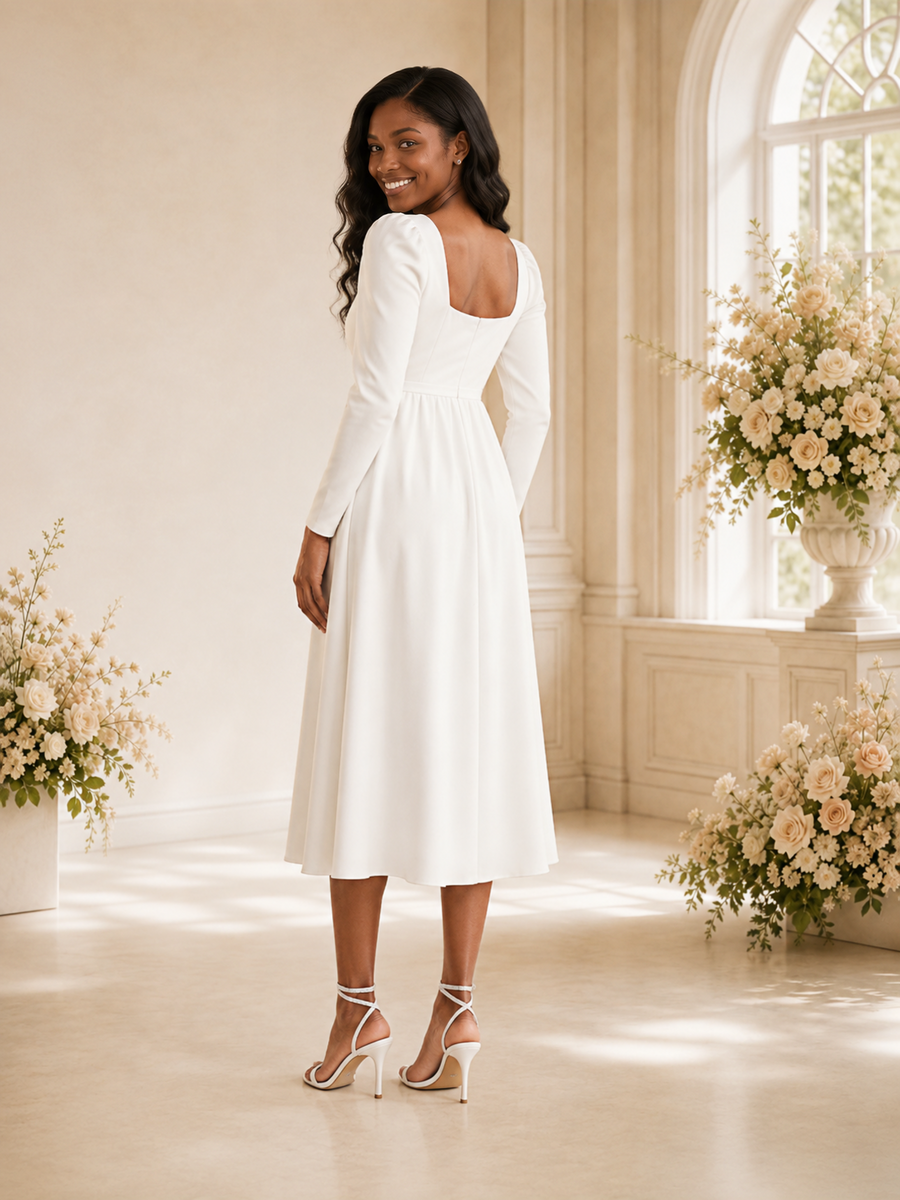 ChicSew Elegant Long Sleeves Square Neck Tea-Length A-Line Wedding Dress
