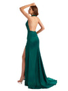 Sexy Backless Satin Halter Mermaid Side Slit Ruched Long Bridesmaid Dresses Online