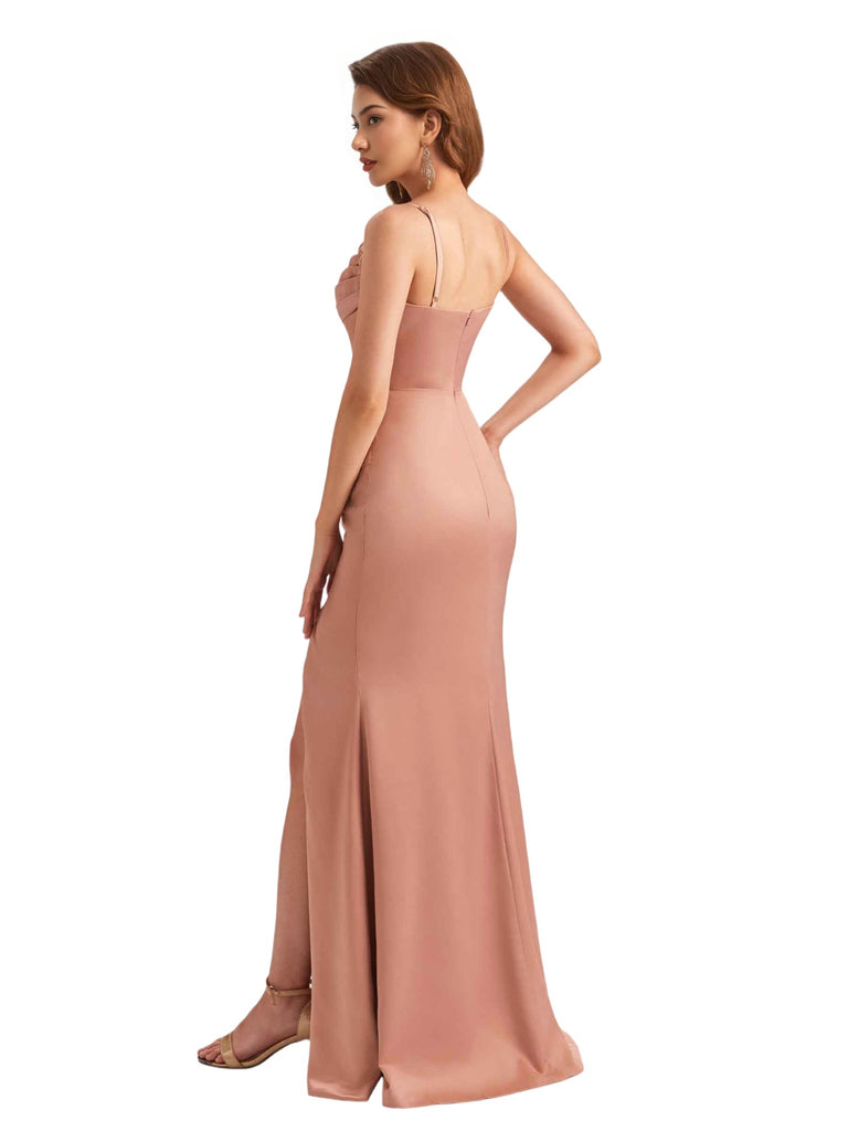 Elegant Silky Satin Spaghetti Straps Mermaid Side Slit Ruched Long Bridesmaid Dresses